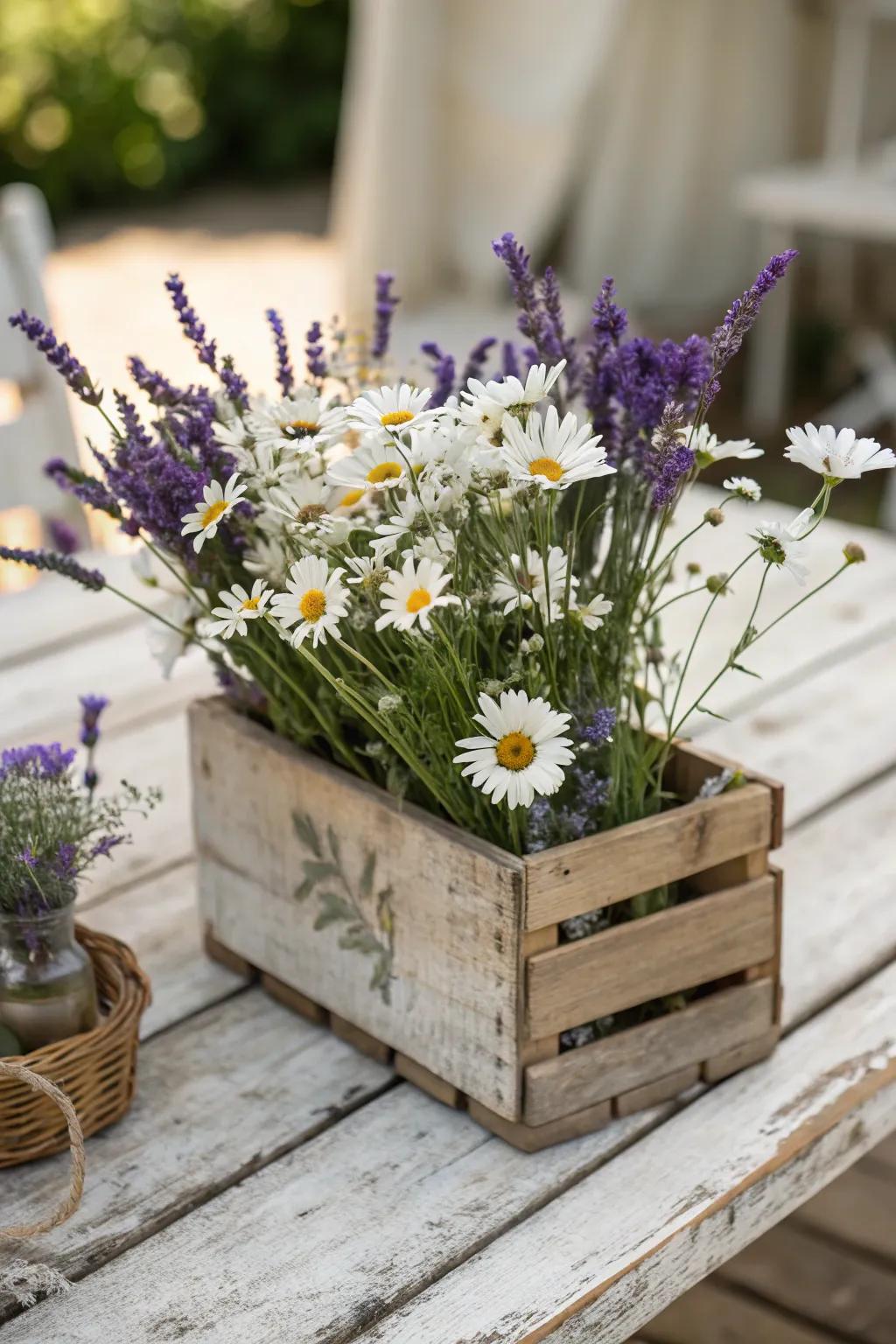 A crate of daisies and lavender evokes a farmhouse charm.