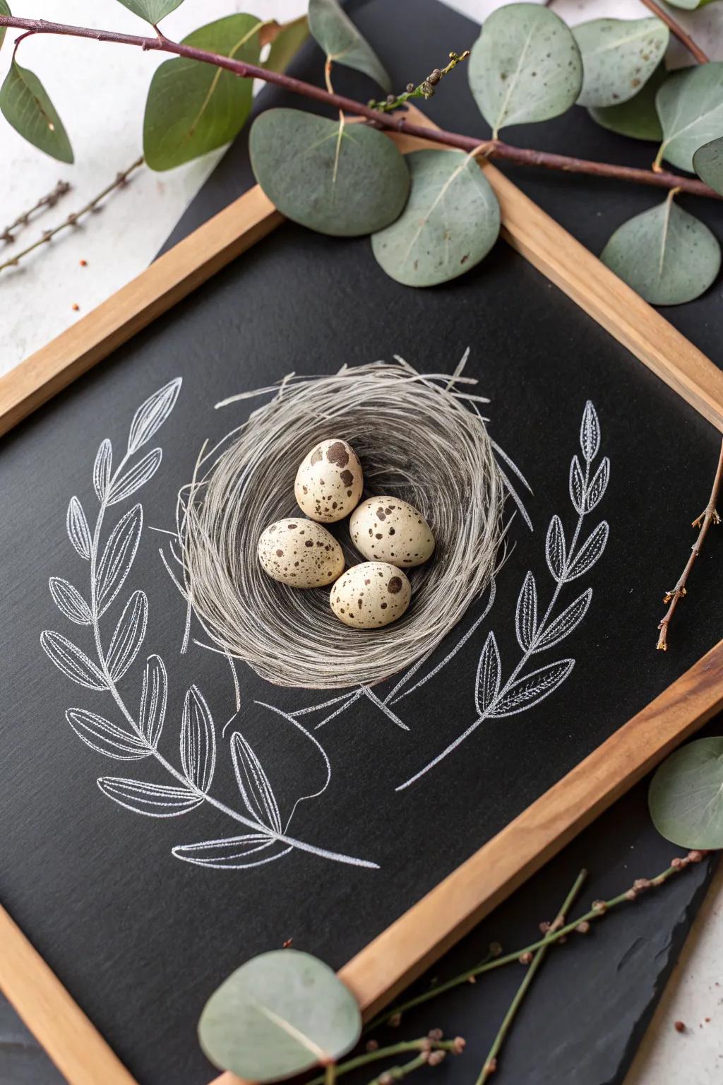 Celebrate new beginnings with this charming bird's nest chalkboard art, a simple yet elegant touch for your spring decor.