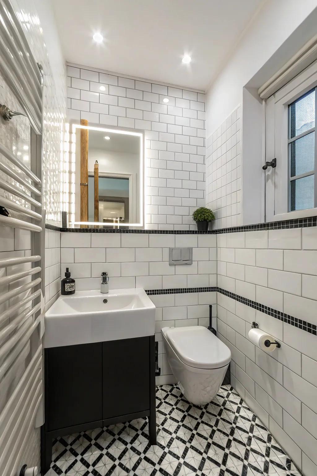 A monochrome palette offers a sleek and timeless look in small bathrooms.