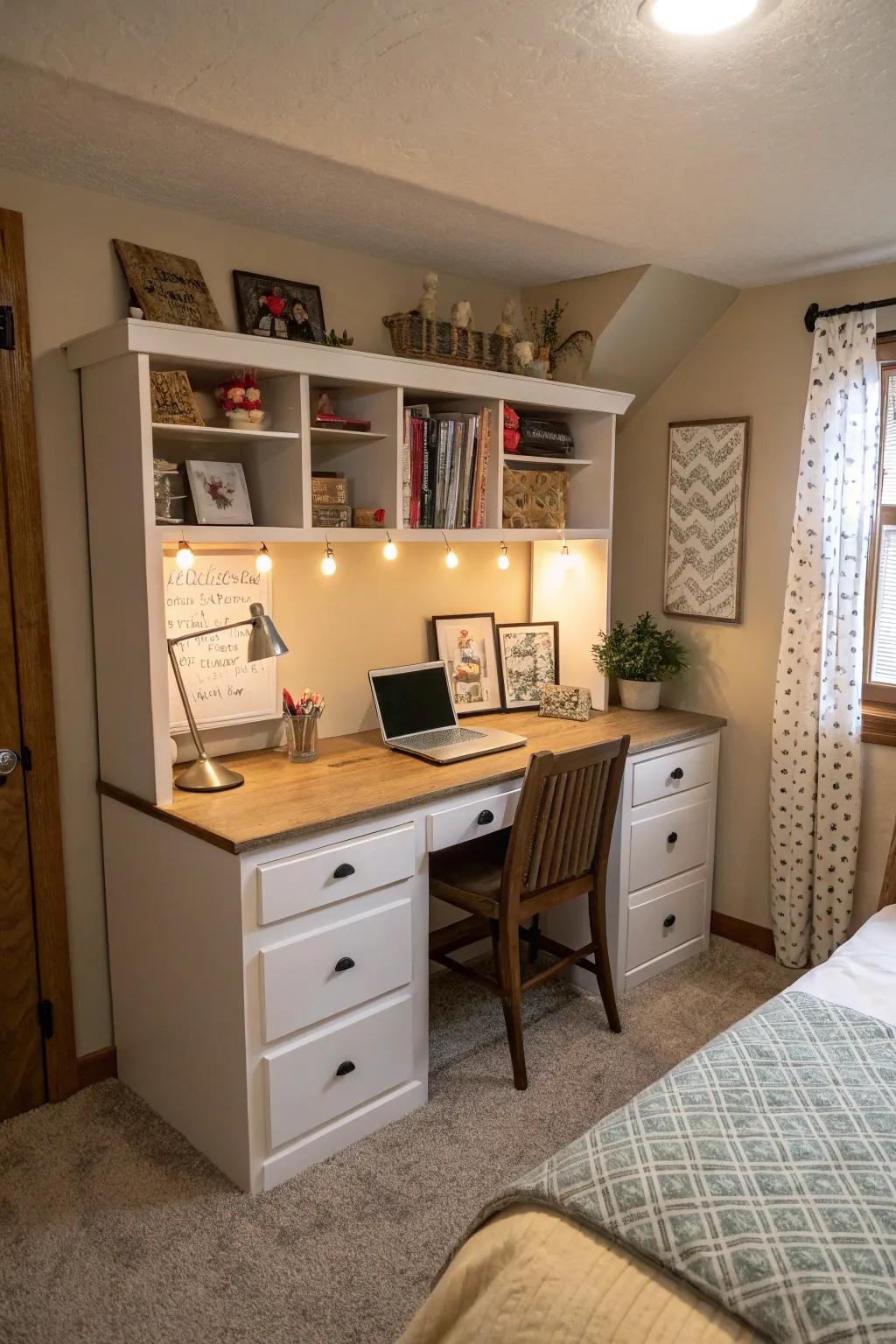 A dresser with a built-in desk optimizes space and function.