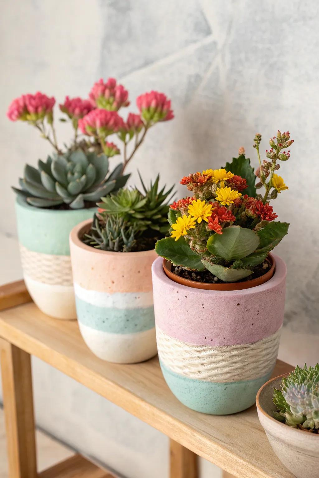 Brighten your space with a charming display of colorful pots, perfect for adding a touch of nature and cheer to any corner.