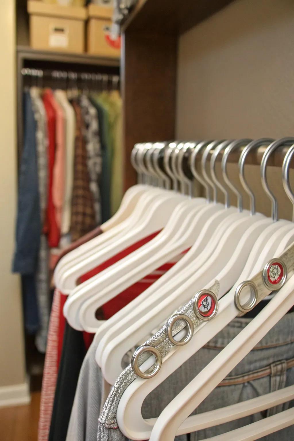 Soda can tabs cleverly increase hanging space in your closet.