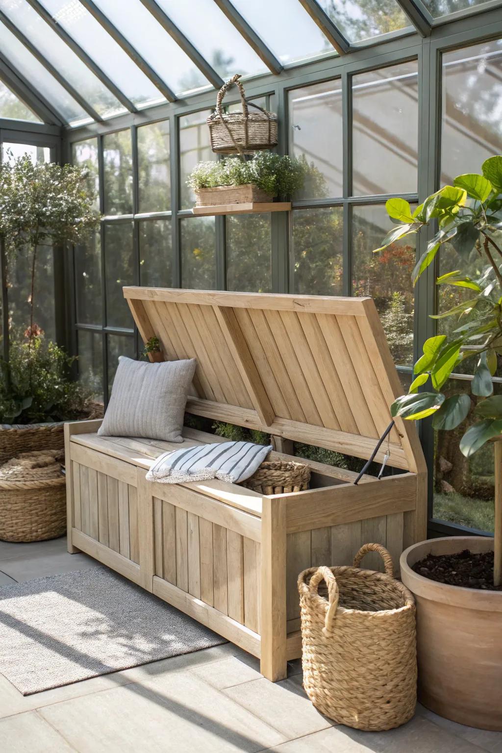 Discover the beauty of simplicity with this multifunctional bench, perfect for maximizing space in your cozy greenhouse!