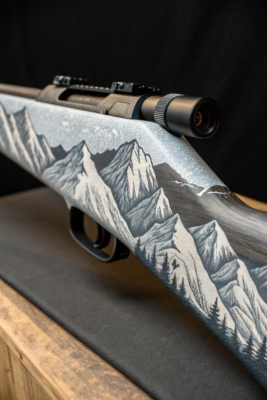 Capture the spirit of adventure with a mountain range rifle stock design.