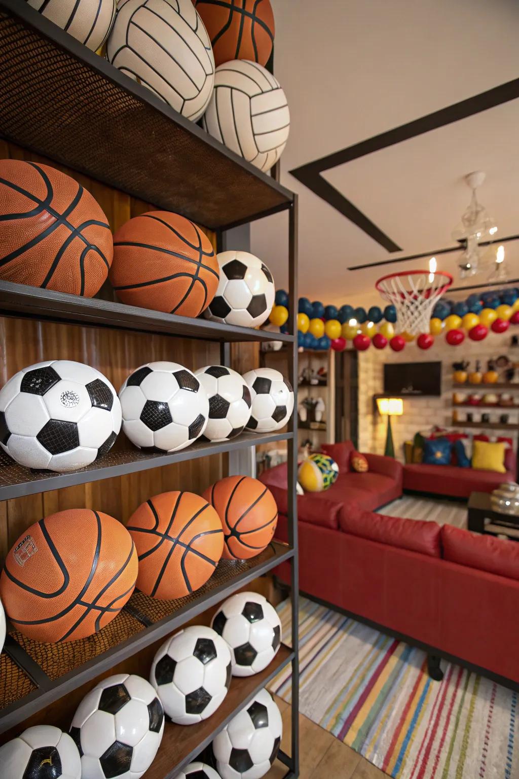 A multi-sport themed room with basketball and soccer elements.