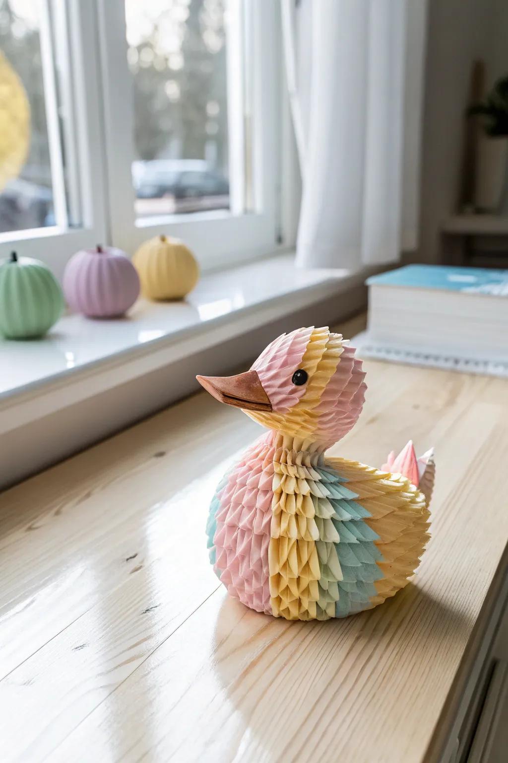 Embrace the playful charm of spring with this handcrafted dancing duckling, perfect for brightening any creative space.