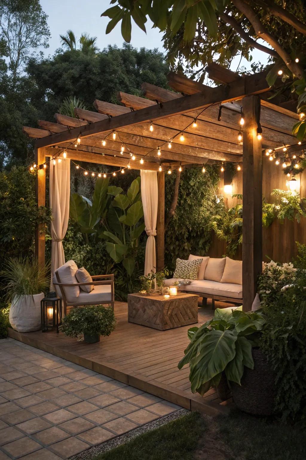 A pergola provides a perfect structure for integrating string lights elegantly.