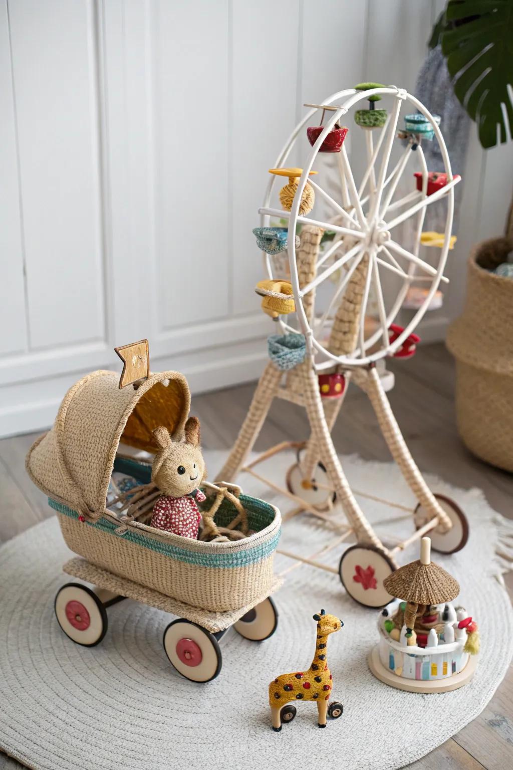 Step into a whimsical world with this charming carnival ride stroller design, perfect for a playful and stylish Halloween adventure.