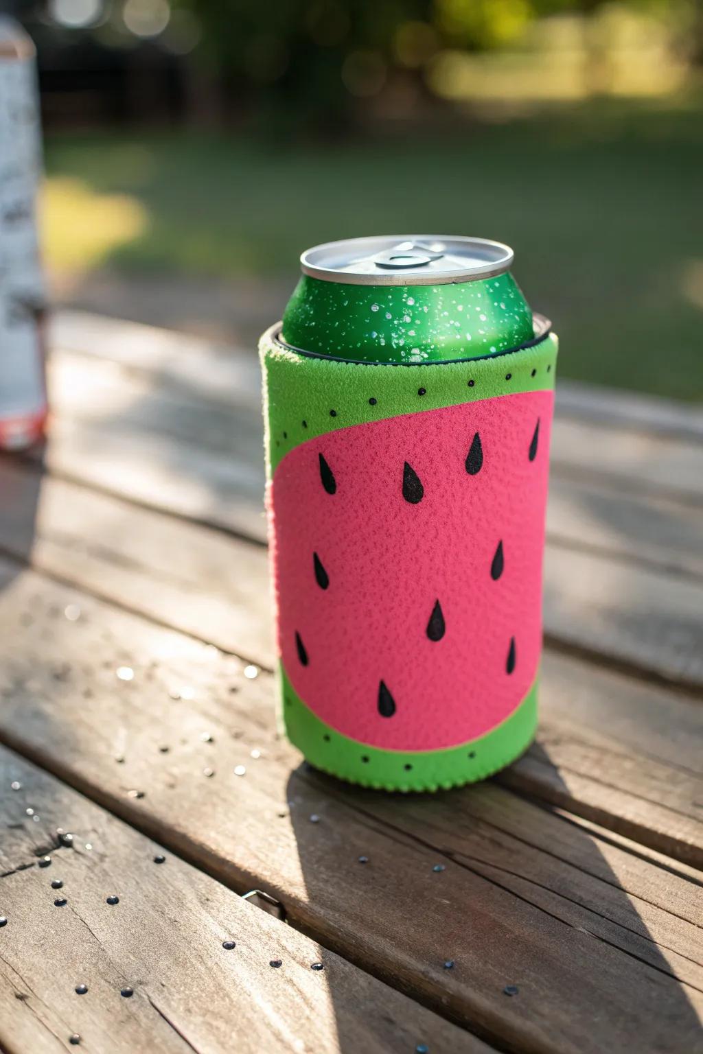 Stay cool and stylish with this watermelon slice koozie – the perfect summer accessory!