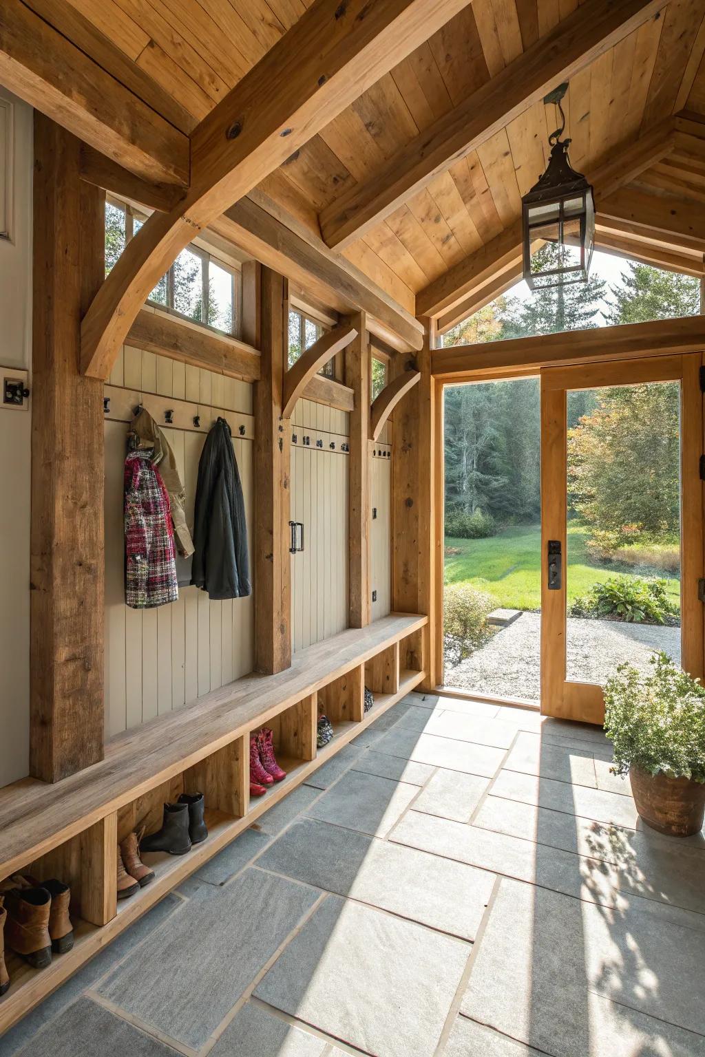 Transform your porch into a stylish mudroom with timber frame elegance.