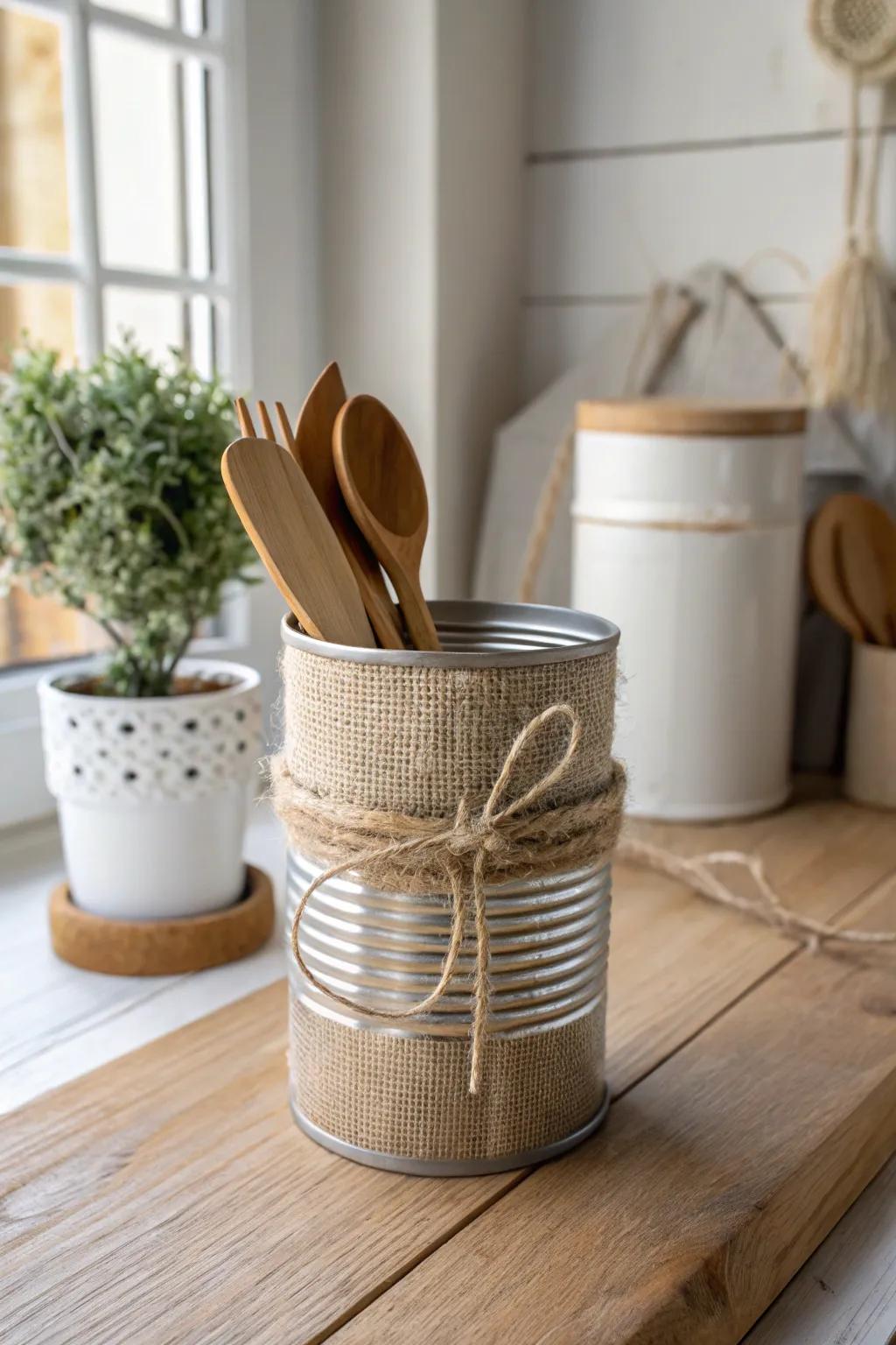 Transform your kitchen with charming rustic utensil holders crafted from tin cans. 🌿✨ #DIYDecor #ScandiBoho
