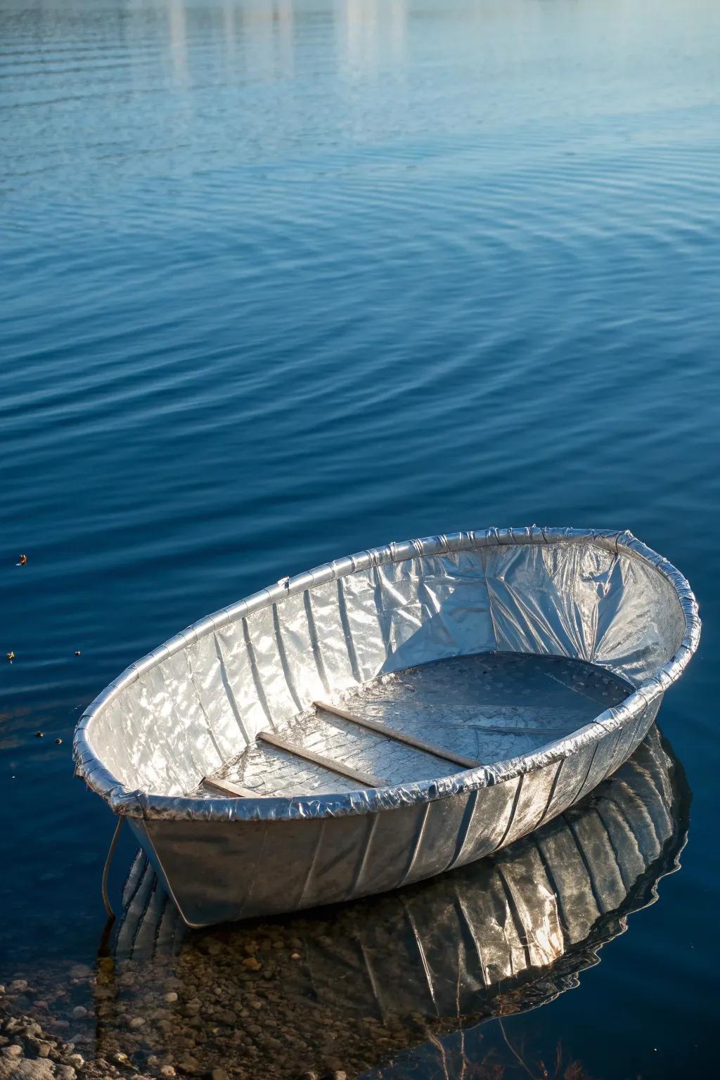 Explore the art of balance with this sleek circular tin foil boat.