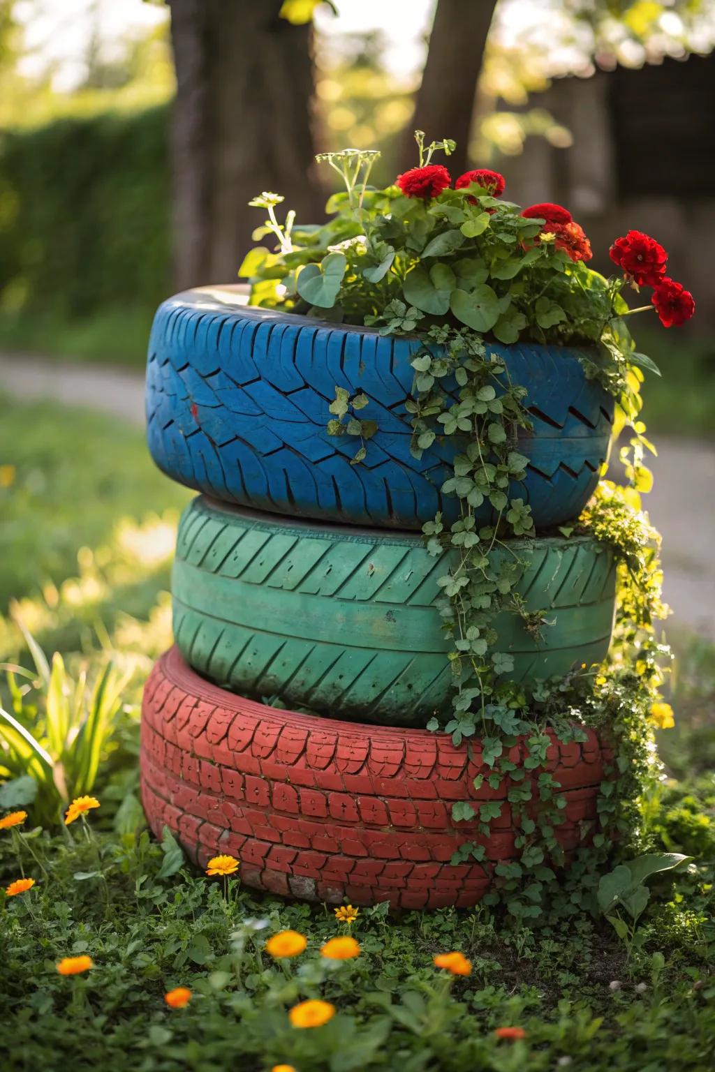 Transform your garden into an artistic haven with a vibrant tire totem blooming with life.