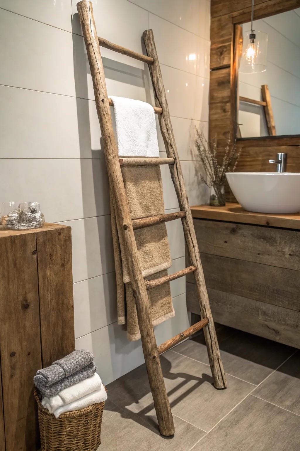 Elevate your bathroom decor with a rustic tobacco stick ladder—where vintage charm meets modern elegance.