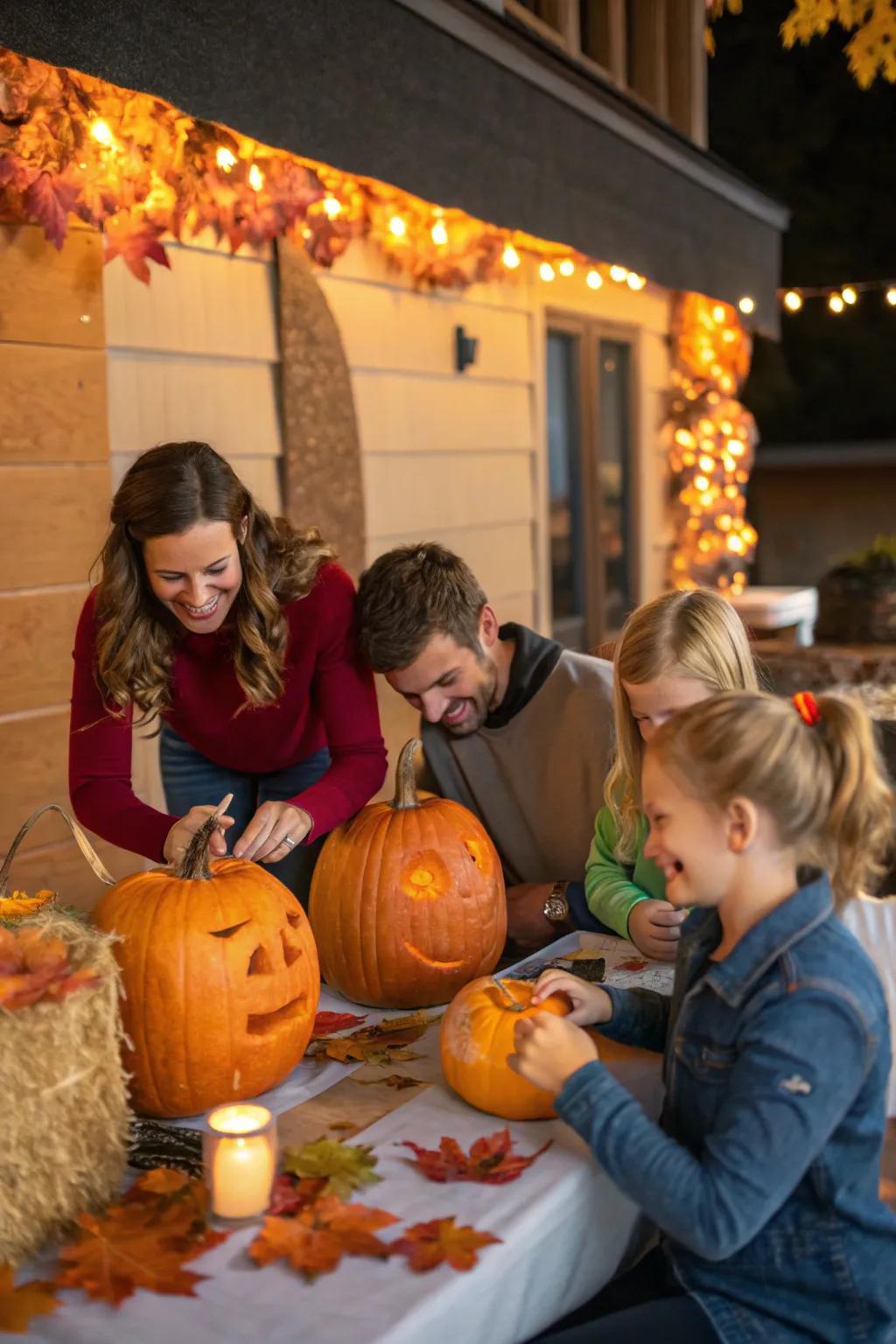 Family fun with collaborative pumpkin decorating.