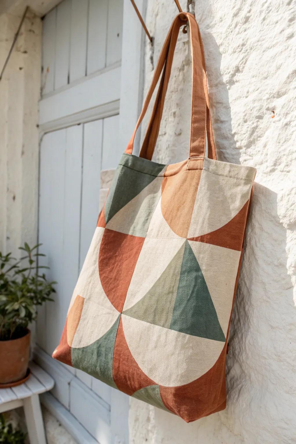 Discover Geometric Joy: Elevate your style with a tote bag that combines minimalist design with boho elegance.
