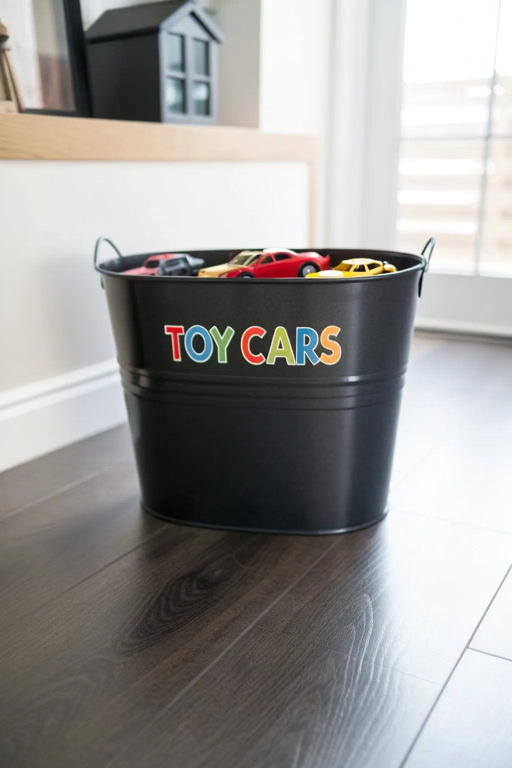Streamline the fun with a stylish bucket labeling system for toy car storage.