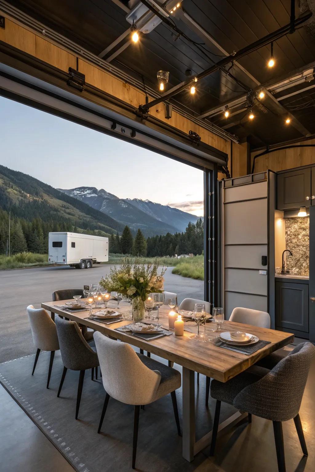 Transform your toy hauler garage into a dining oasis perfect for family gatherings on the road.