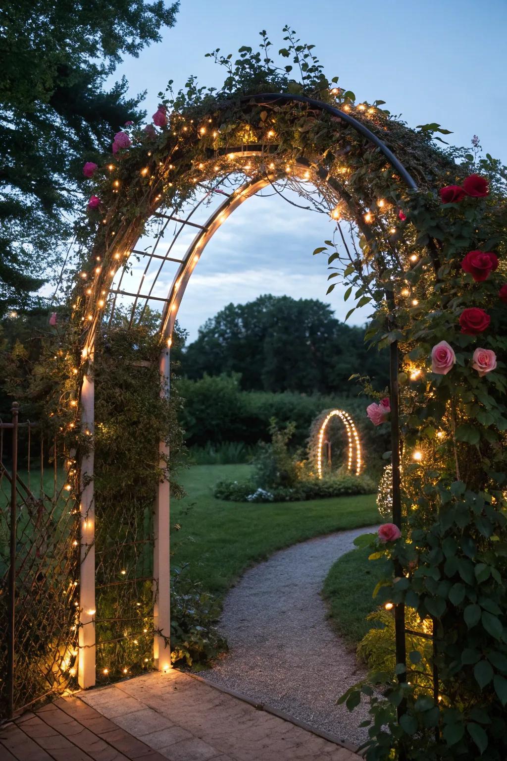 Transform your garden with a repurposed trampoline frame arch, a perfect blend of greenery and glowing lights.