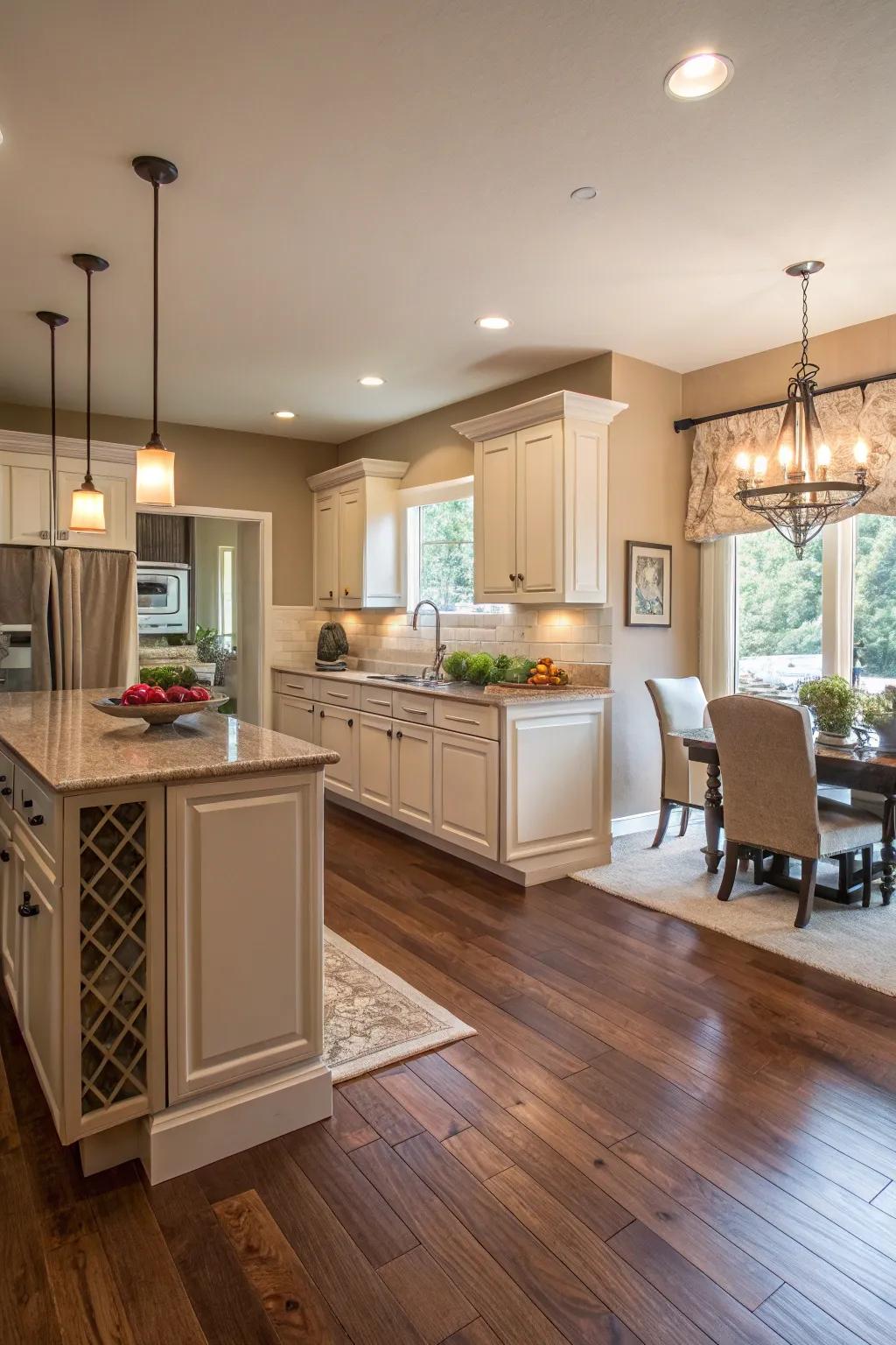 Warm wood floors lend a cozy feel to this kitchen.