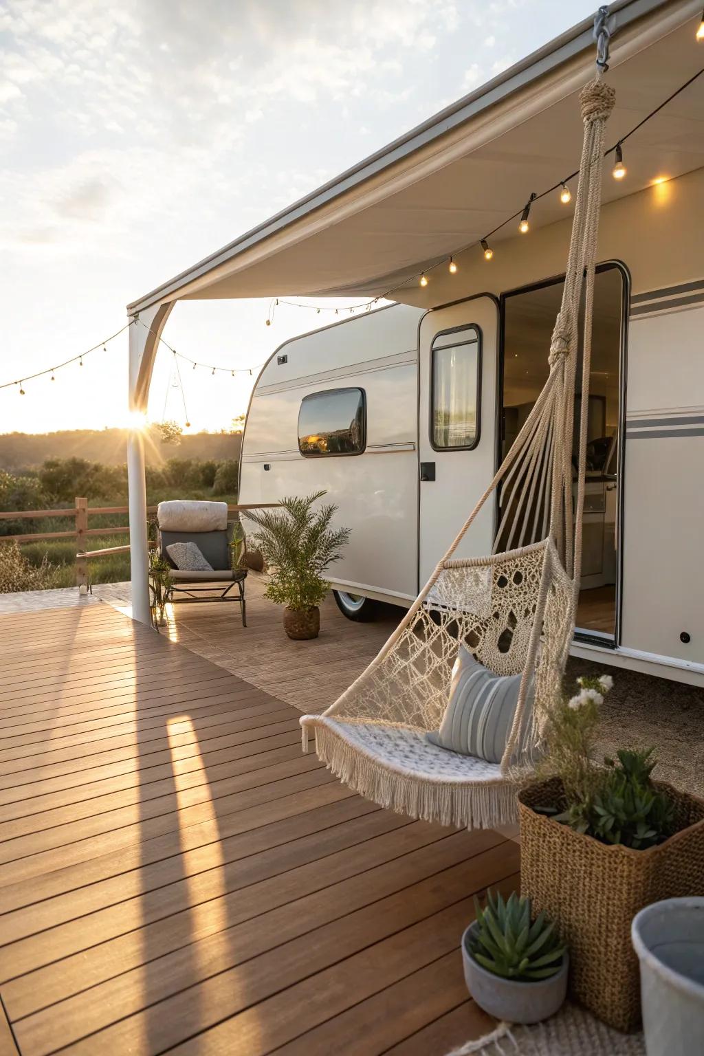 Embrace sustainable elegance with an eco-friendly composite deck for your RV adventures. 🌿✨ #ScandiBoho #SustainableTravel