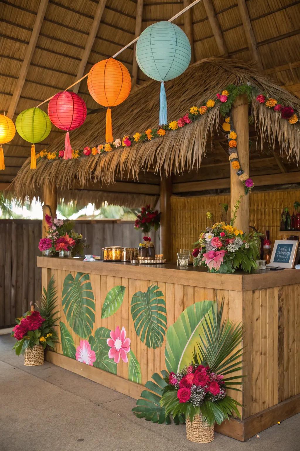 A stunning tiki bar setup ready to serve tropical drinks.