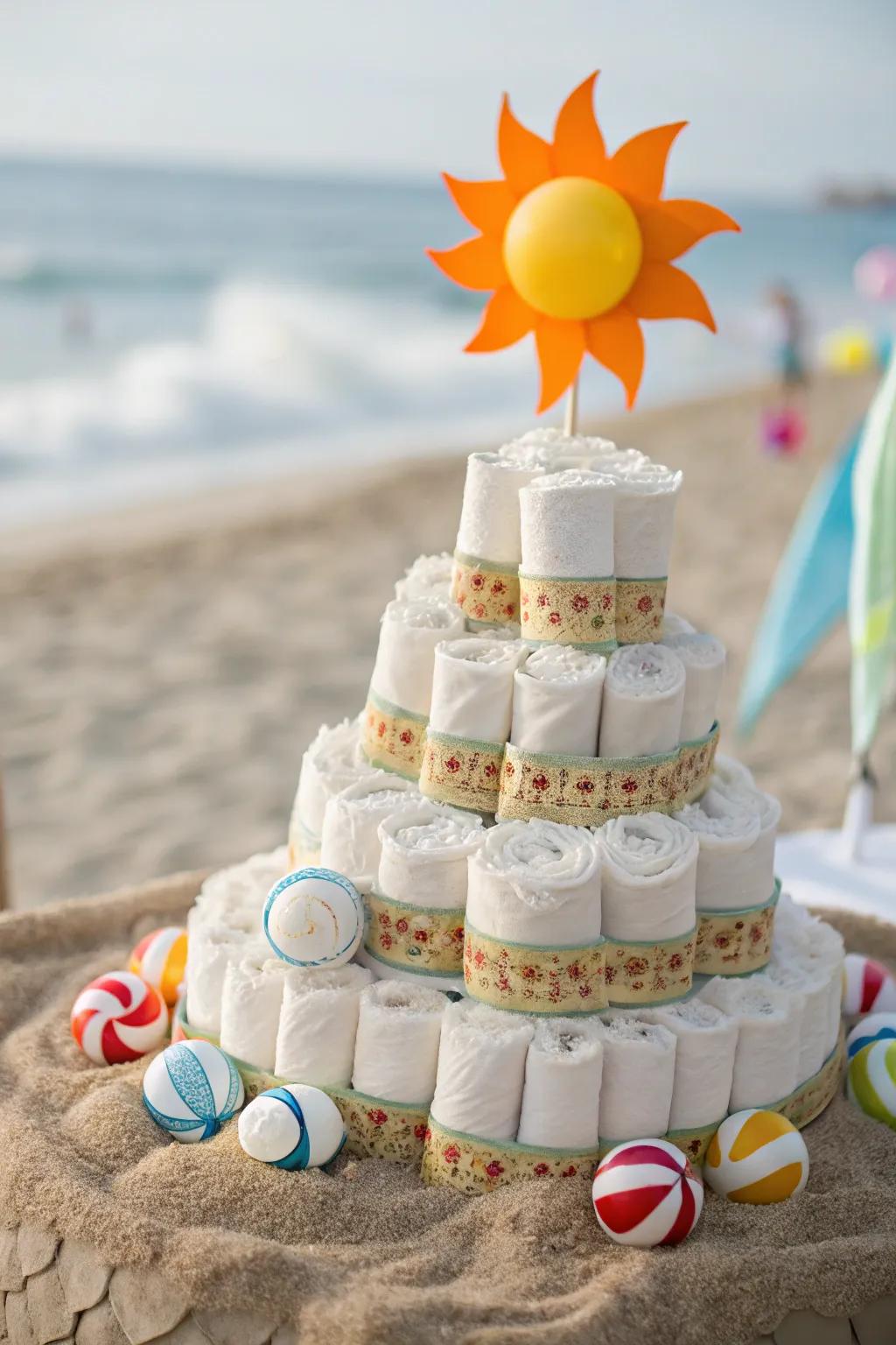 Bring the beach vibes to your baby shower with this charming Beach Day Diaper Cake!