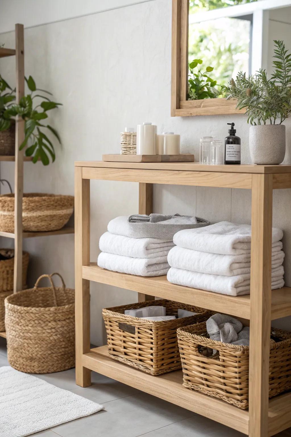 Elevate your bathroom with open shelving for a touch of minimalist elegance and practicality.