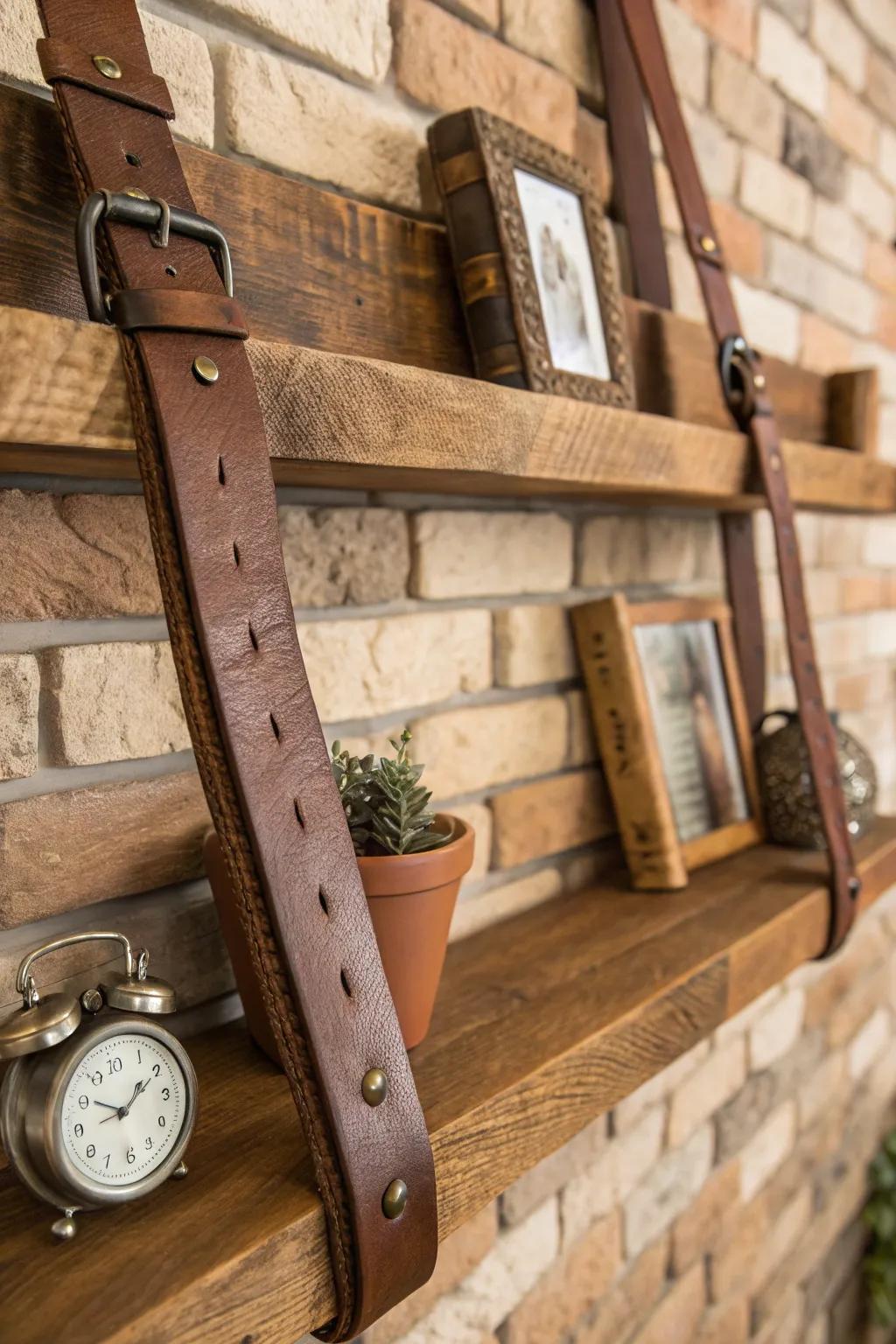 Elevate your space with the rugged charm of belted wall shelves.