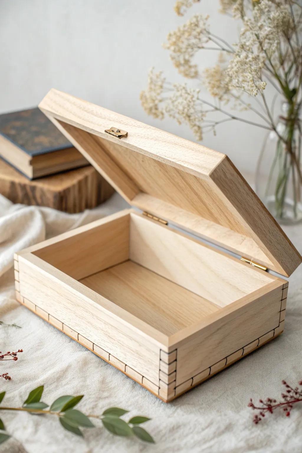 Discover the allure of minimalism with this exquisitely designed floating lid wooden box. A perfect blend of craftsmanship and modern elegance.