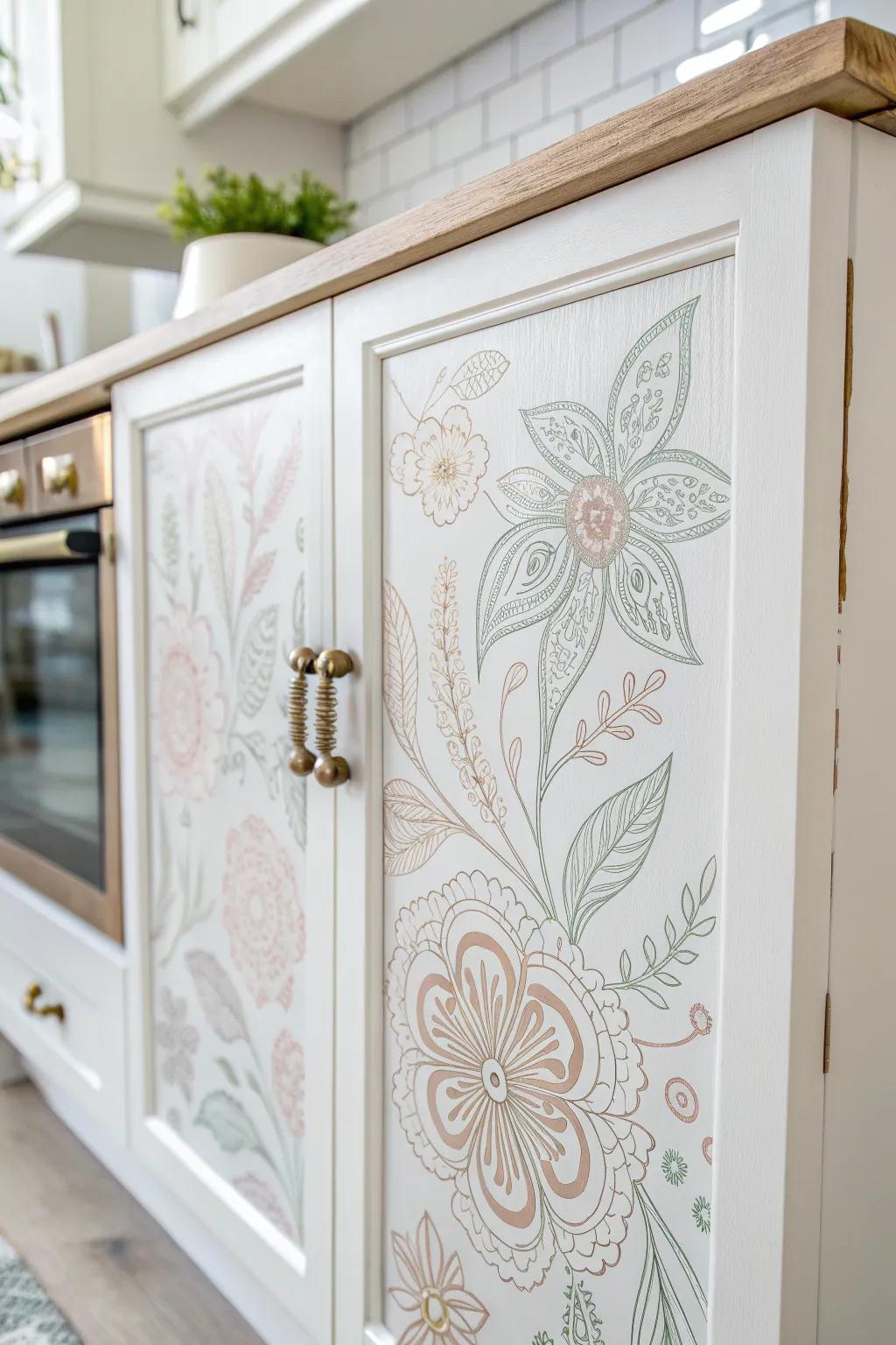 Transform your kitchen with a touch of floral elegance—upcycle your cabinets with stenciled designs for a bespoke boho-minimalist vibe.