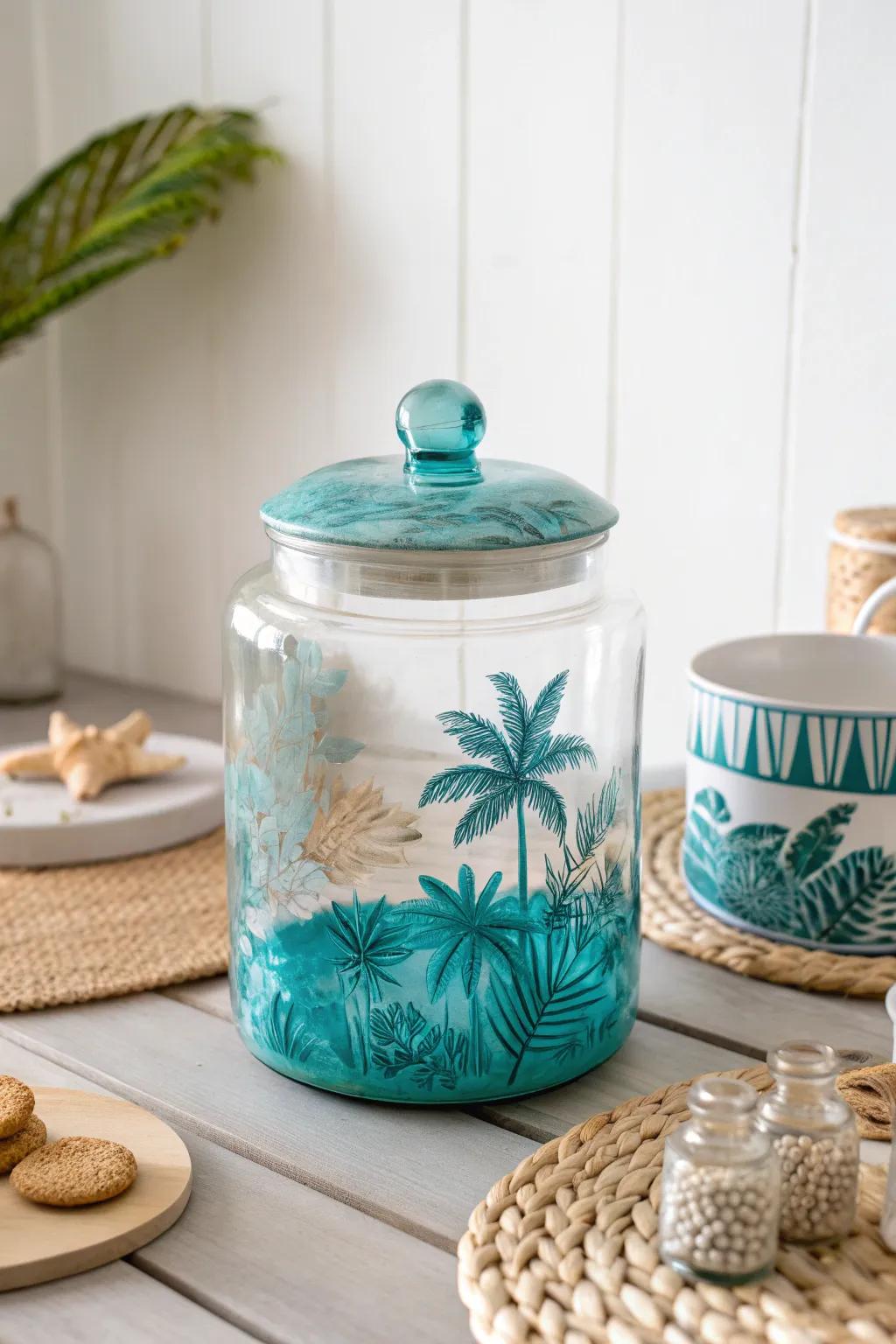 Dream of tropical getaways with this stylish vacation fund jar, featuring a handcrafted turquoise lid that captures the essence of tranquil waters.