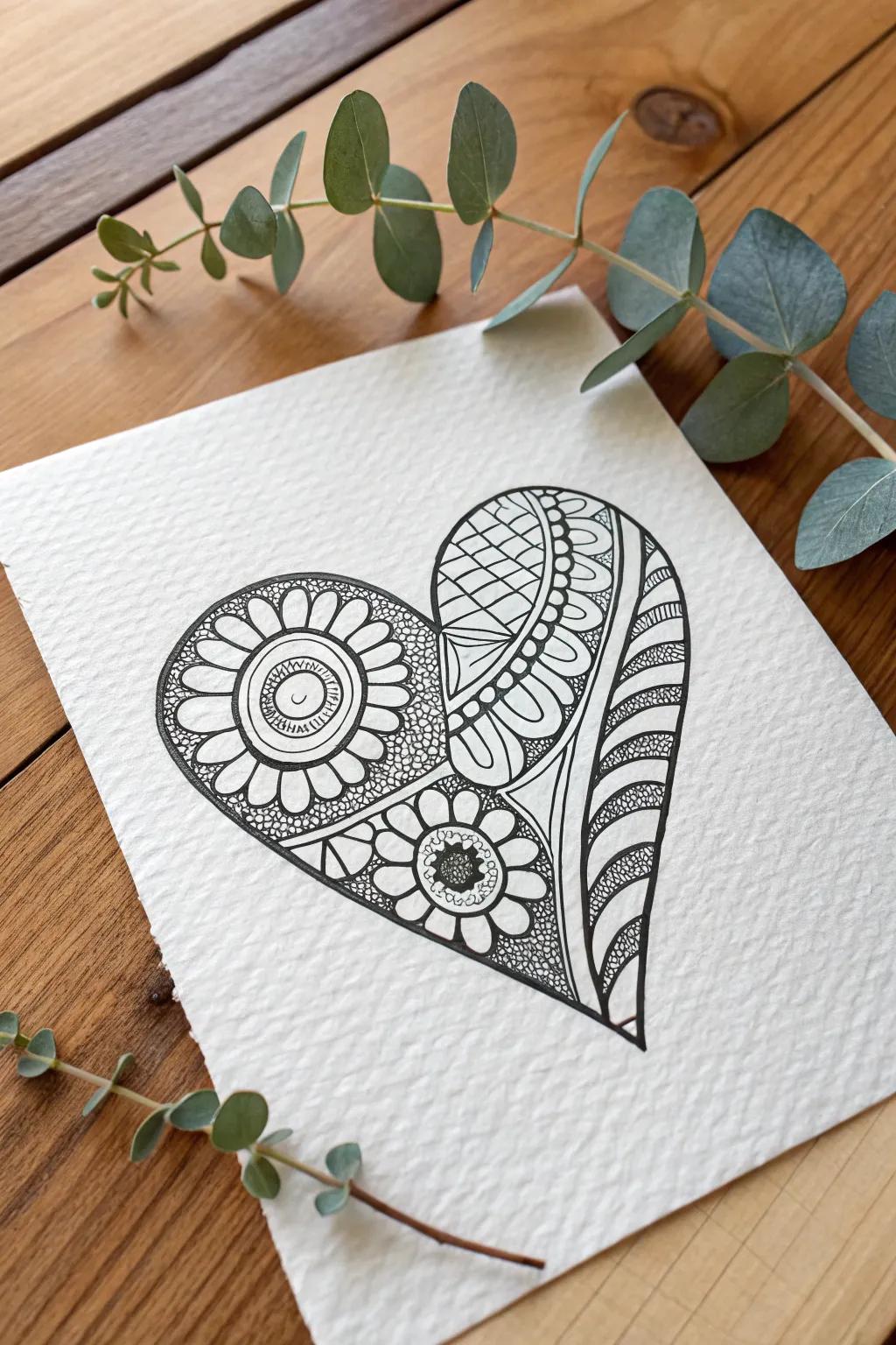 Embrace calm and creativity with a stunning Zentangle heart design.