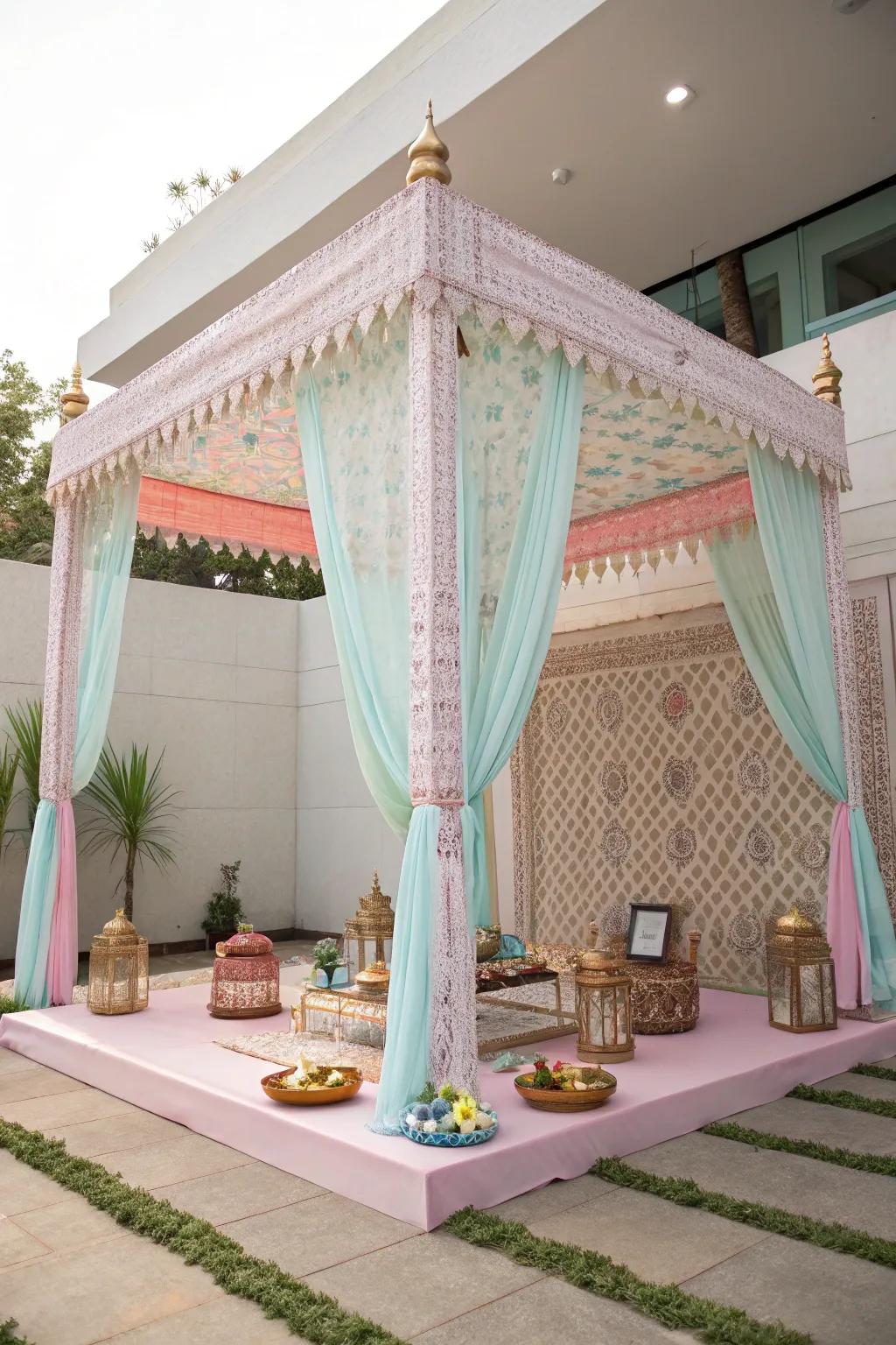 A modern pastel canopy adding a unique twist to the Varalakshmi Vratam decor.