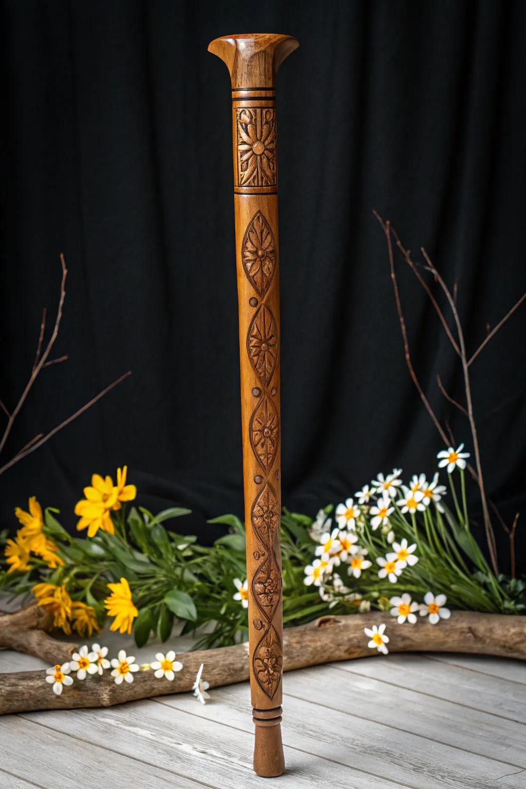 Embrace the seasons with every step: a masterfully carved walking stick reflecting winter's snowflakes and summer's sunflowers.