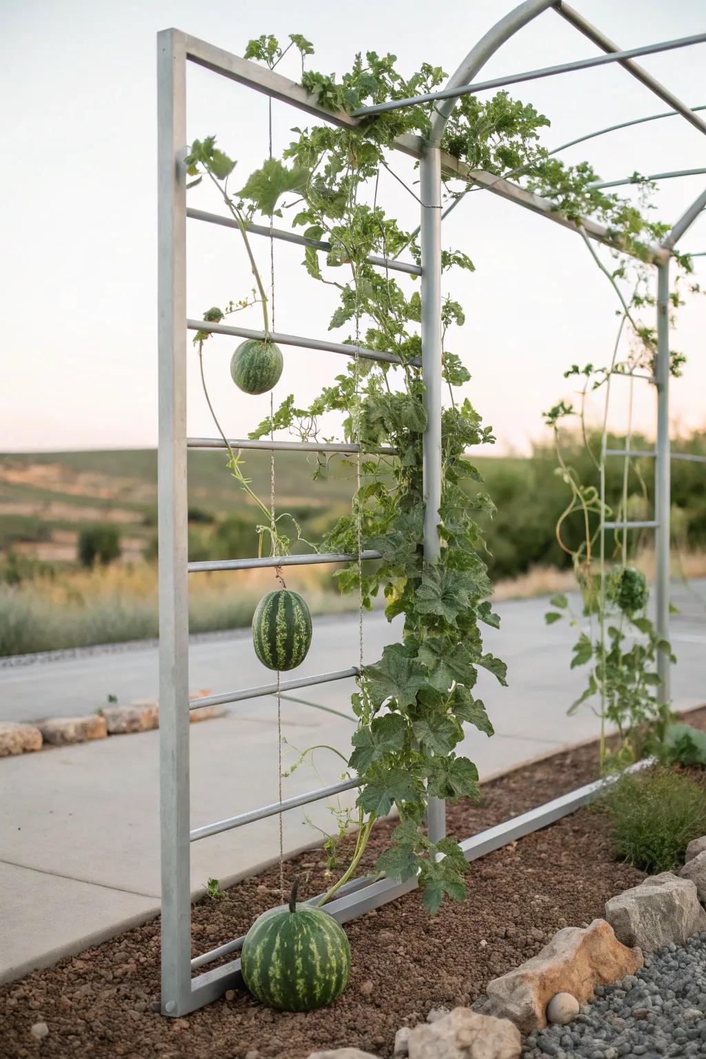 Elevate your garden game with a chic and sturdy cattle panel trellis, perfect for supporting your watermelon harvest in style.