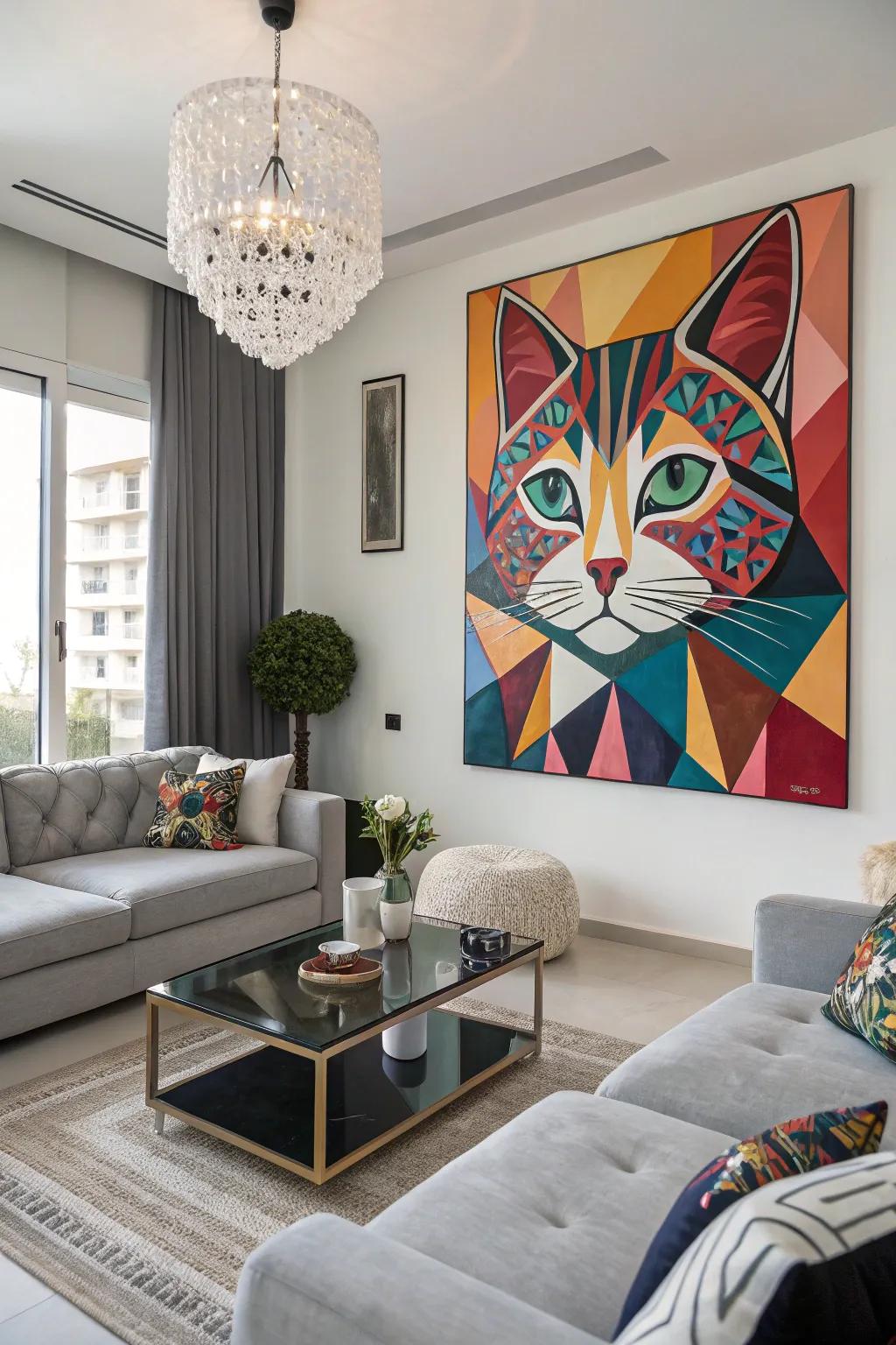 A stylized abstract cat brings elegance and charm to modern interiors.
