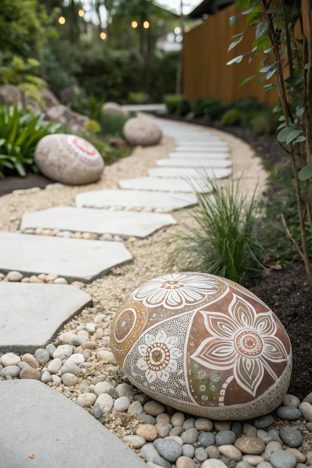 Enhance your garden's charm with a painted rock pathway that guides and delights.