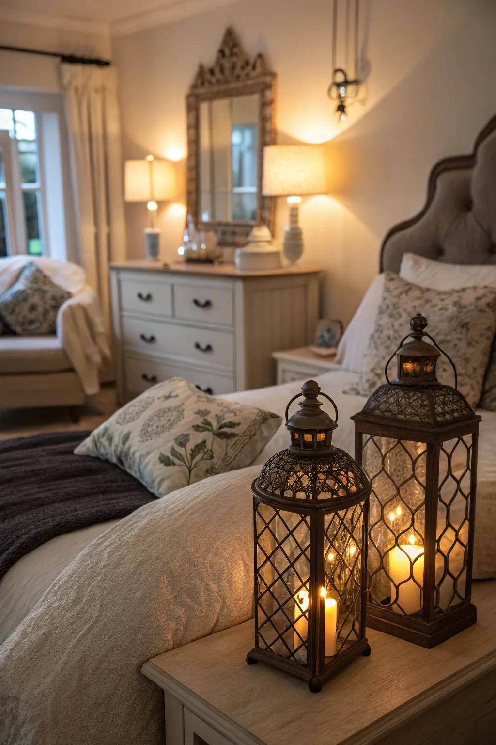 Create a soothing retreat in your bedroom with lanterns as bedside lighting.