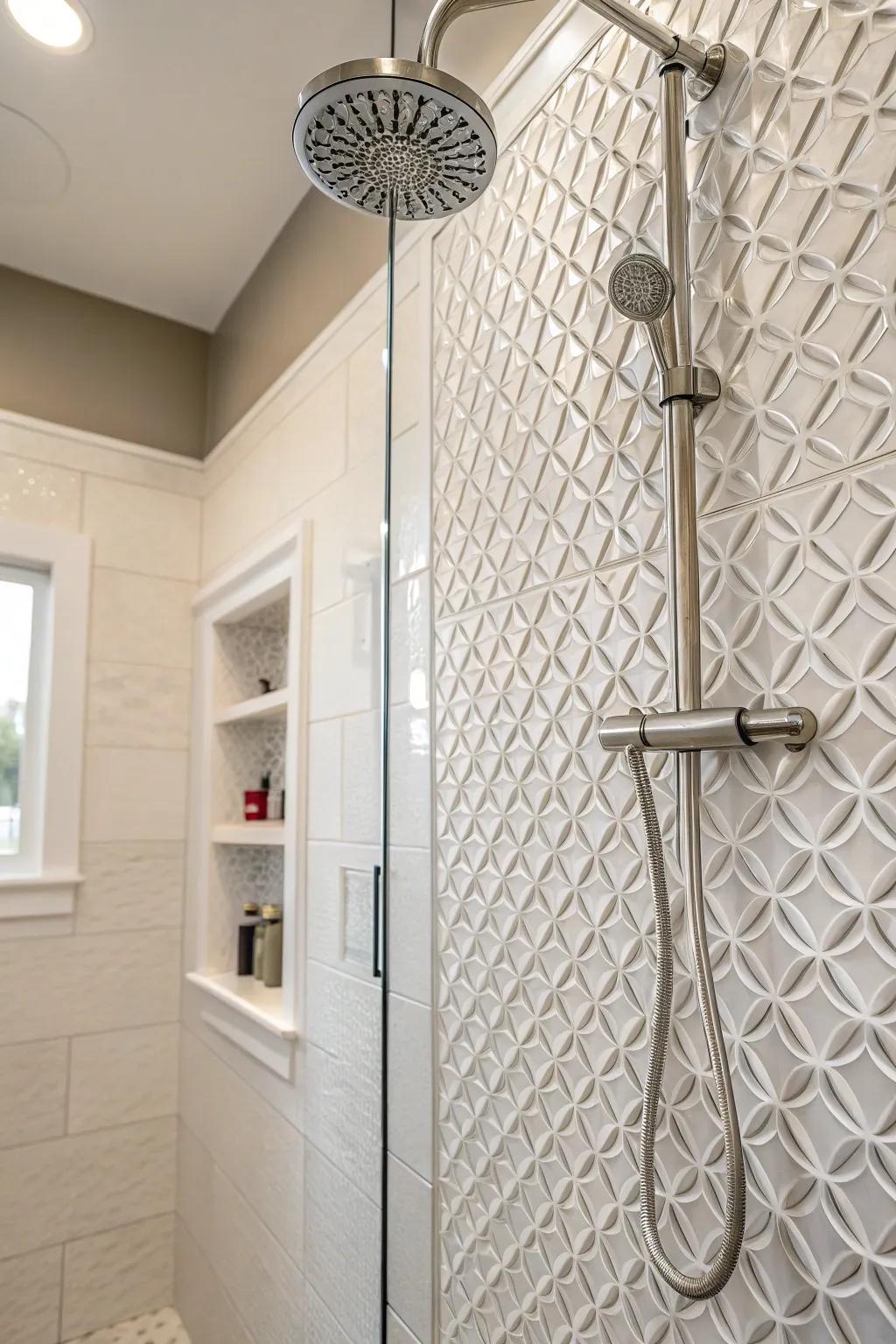 Textured tiles add depth to the classic white shower design.