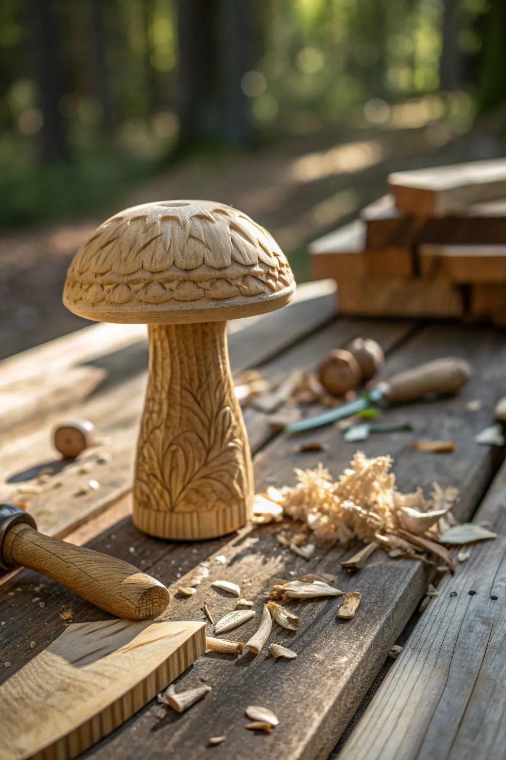 Transform your space with the charm of a handcrafted wooden mushroom, where artistry meets nature.
