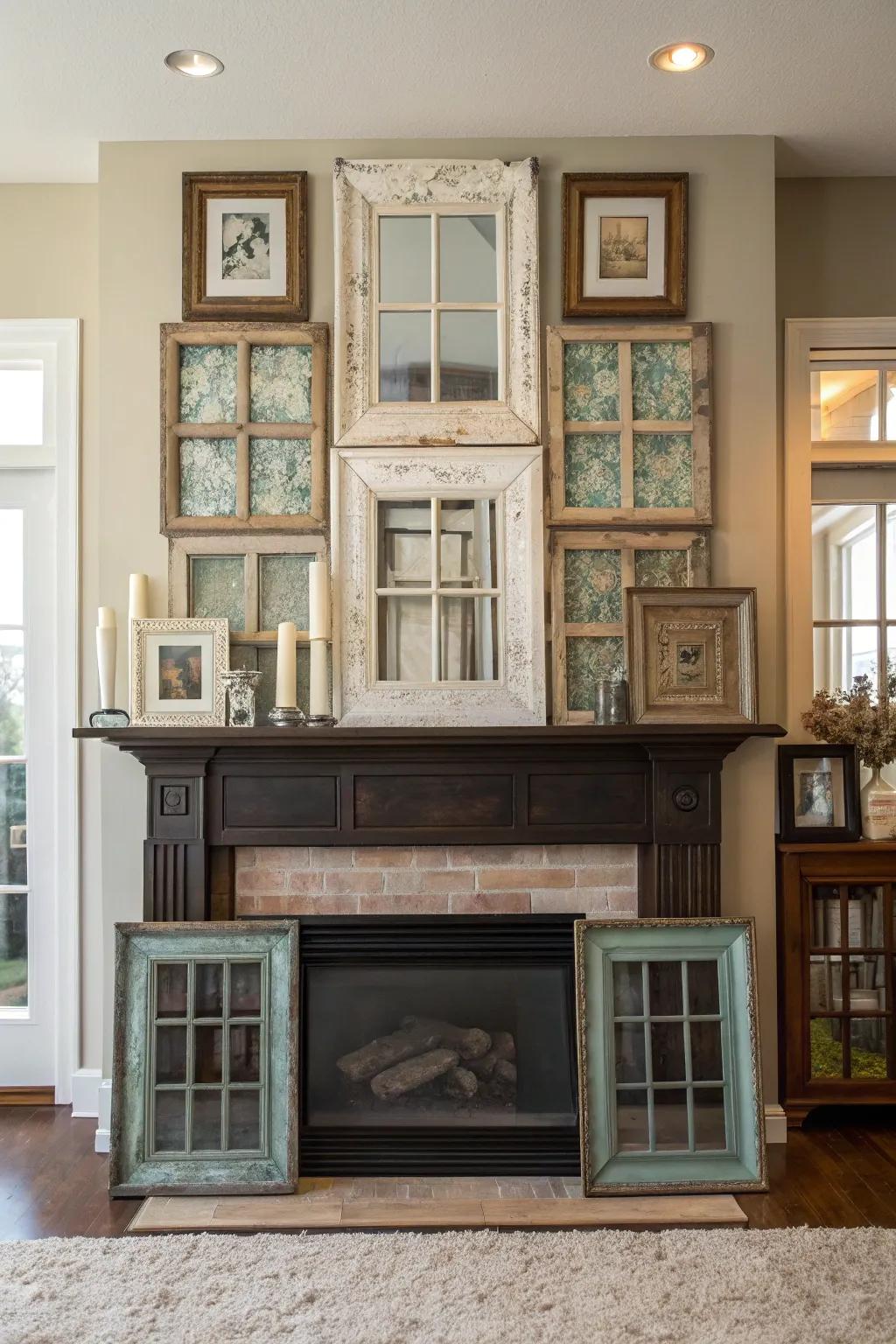 Transform your mantel into a masterpiece with vintage window frames; timeless charm meets modern flair.