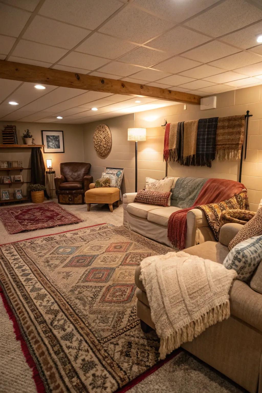 Layered textures add warmth and depth to a basement.