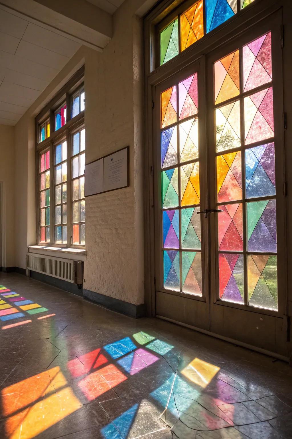 DIY faux stained glass creates colorful light reflections in the room.