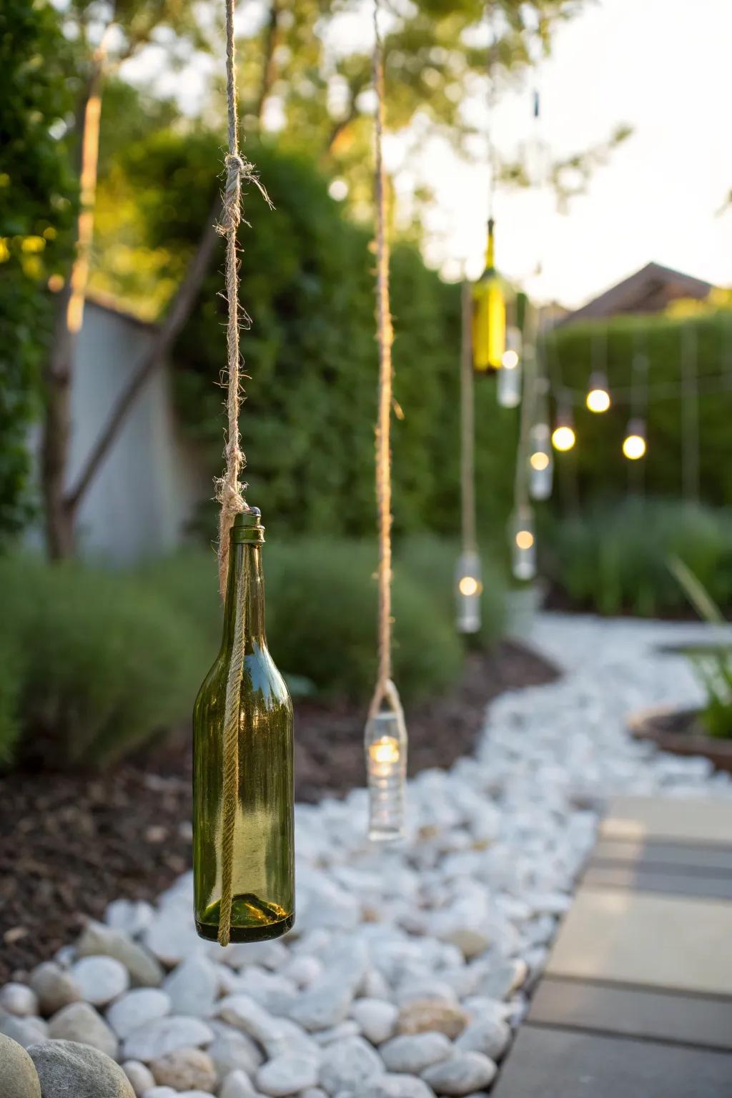 Add a whimsical touch to your garden with a stunning wine bottle curtain, where simplicity meets natural beauty.