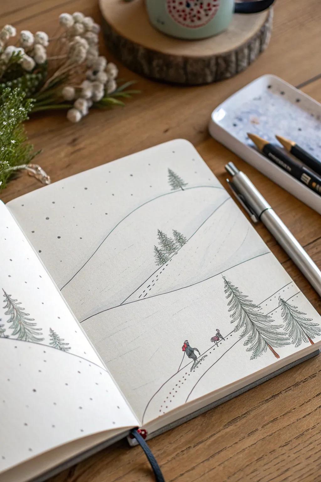 Capture the essence of winter sports with a minimalist snowy hill bullet journal page. Embrace simplicity and natural beauty!
