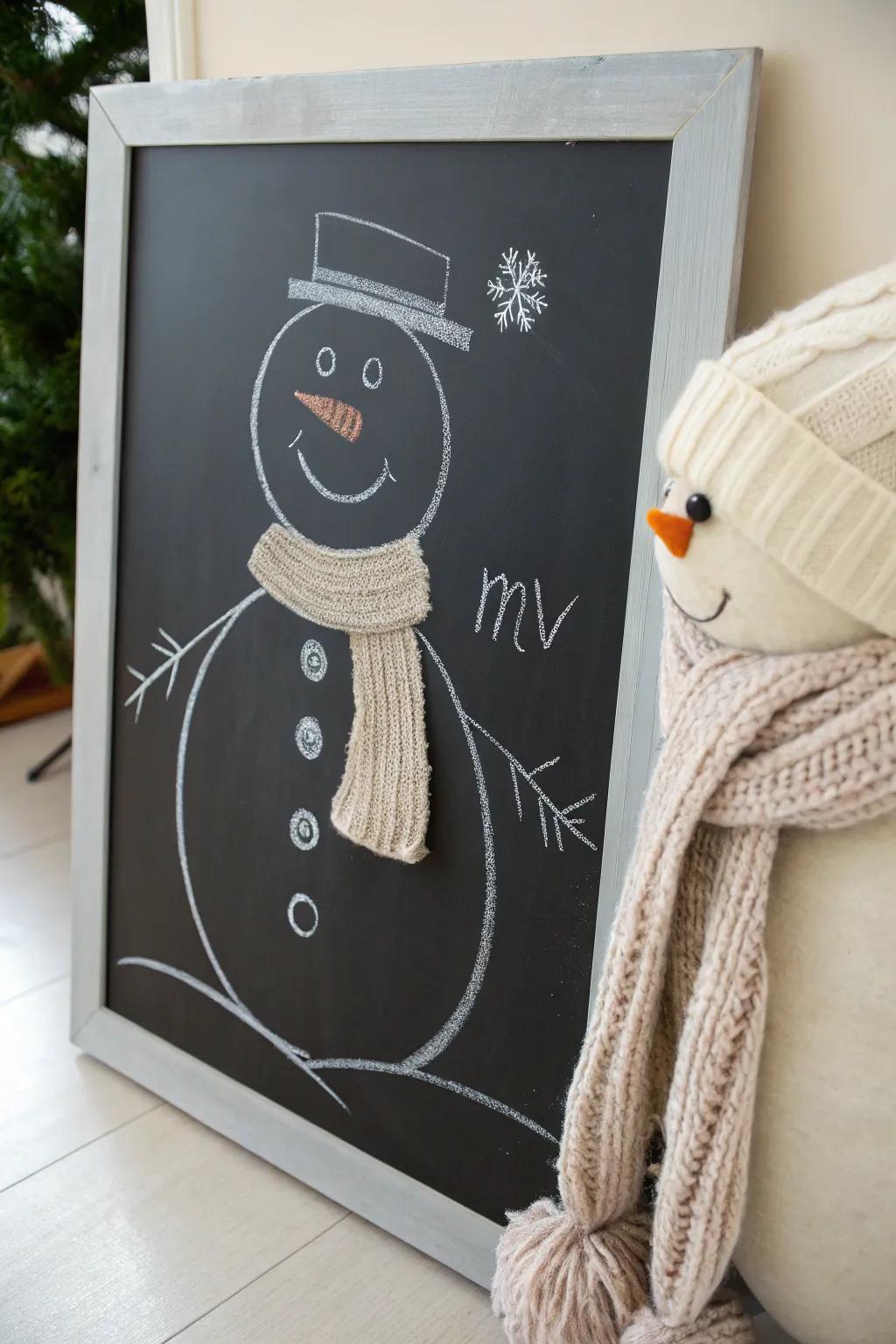 Embrace the charm of minimalism with this elegant snowman chalkboard art.