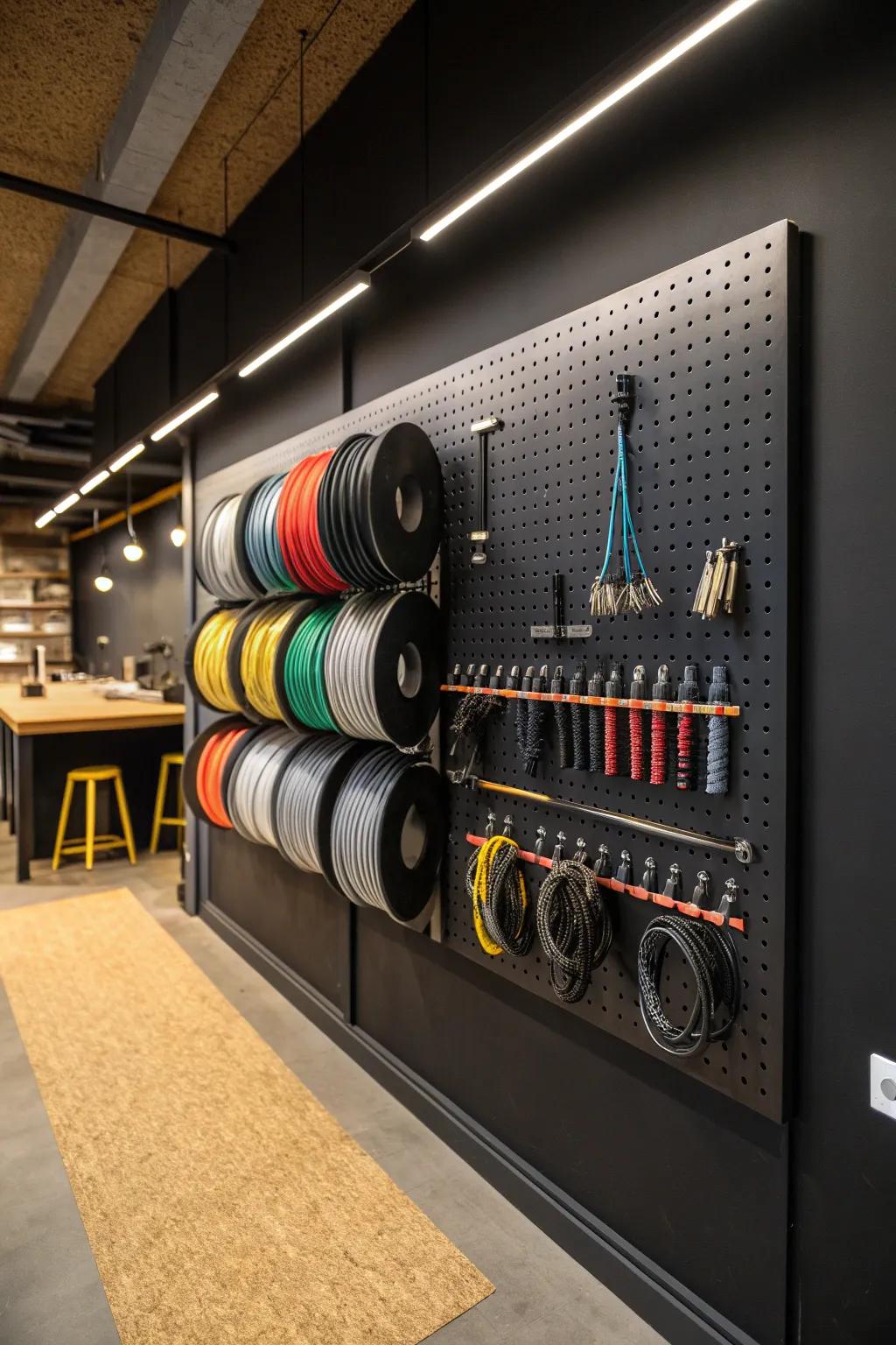 Effortlessly organized: Elevate your workspace with a versatile pegboard wall for all your wire spool storage needs.