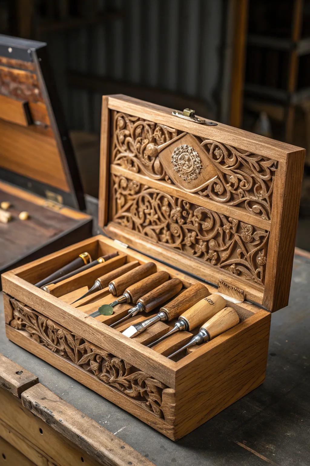 Maximize your workspace with this elegant and compact wood carving tool storage solution.