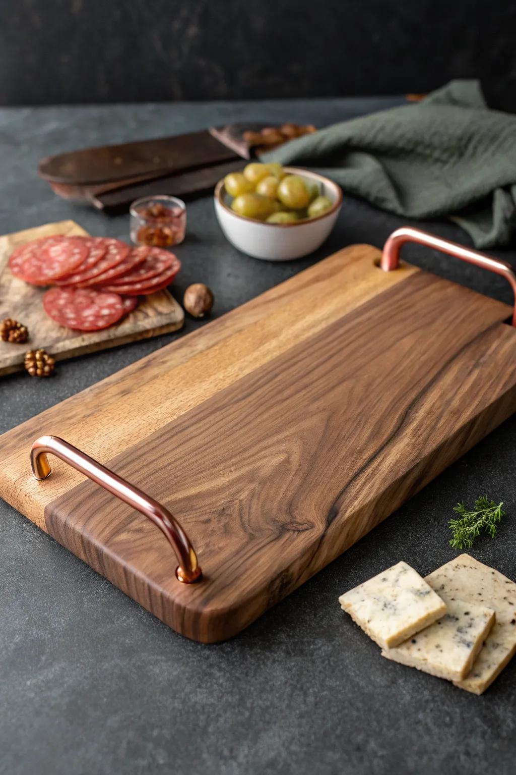 Elevate your charcuterie experience with a wood board featuring chic copper accents for a modern, industrial edge.